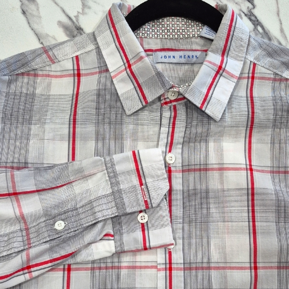 John Henry Flip Cuff Long Sleeve Shirt, Gray & Red Glen Plaid Large